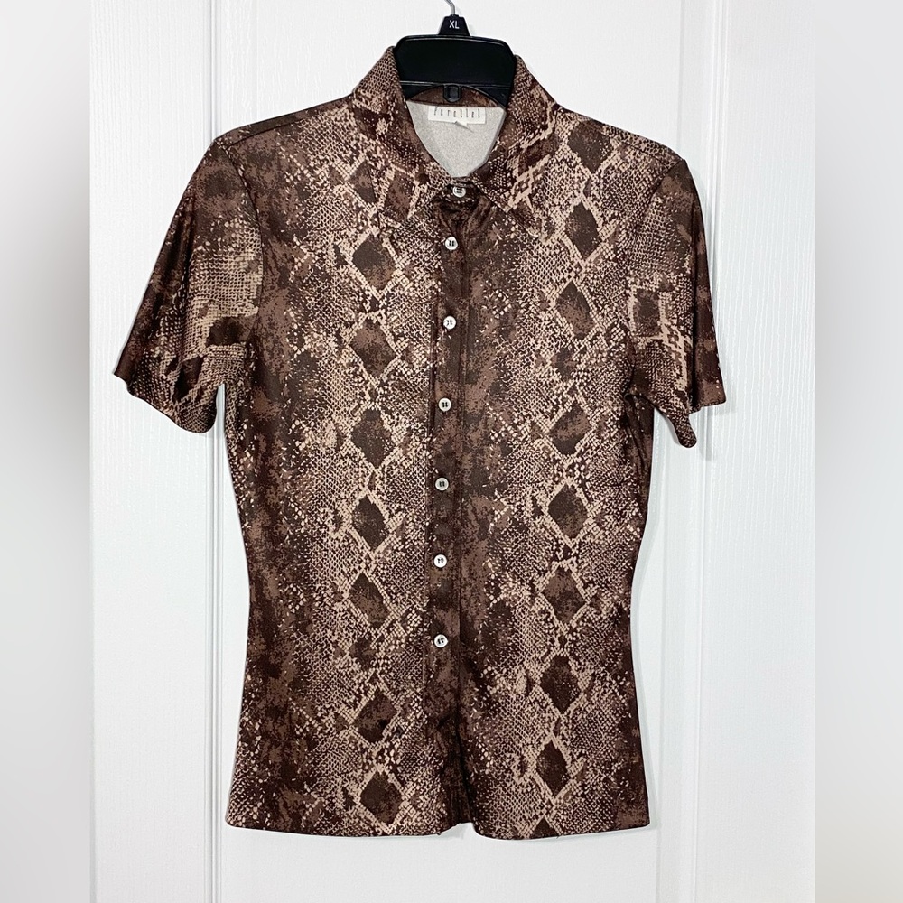 90s Parallel Snakeskin Print Polyester Button Up Shirt USA MADE Vintage Brown M
